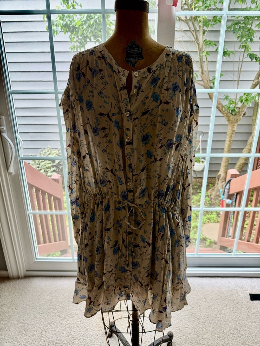 Free People Floral Long Sleeve Dress in Blue and Cream